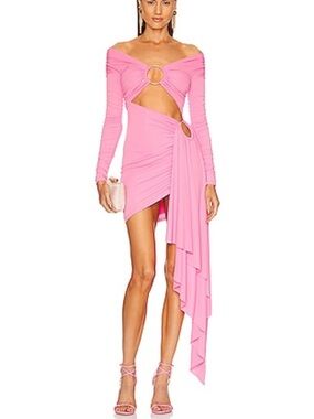 Pink Off-Shoulder Cutout Draped Mini Dress with Ring Details